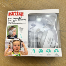 Nuby Soft Sounds 2-in-1 Ear Muffs Adjustable Headband White/Gray Travel Bag
