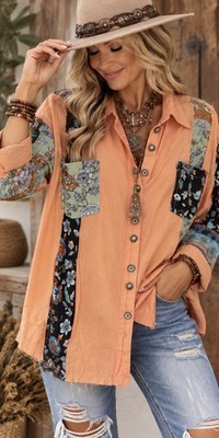 POL Peach Patchwork Button-Down Shirt W/Floral Panels And Raw-Edge Detailing, M
