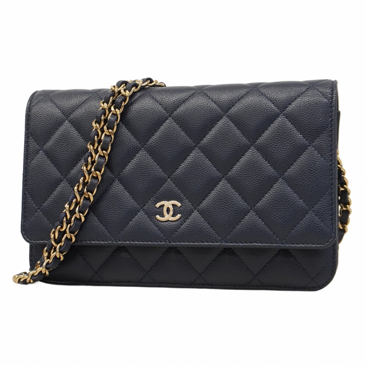 CHANEL Navy Caviar Skin Shoulder Wallet with Matelassé Chain in Champagne Gold