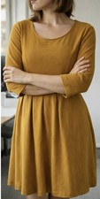 H&M Mustard Yellow Skater Dress UK 12 Fit & Flare 3/4 Sleeve Pleated Casual Work