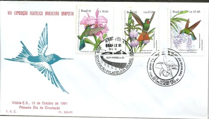 BRAZIL 1991 ORCHID Flowers & HUMMING-BIRDS Set of 3 + S.Sheet on 2 K.Filet FDCs - Image 2 of 3