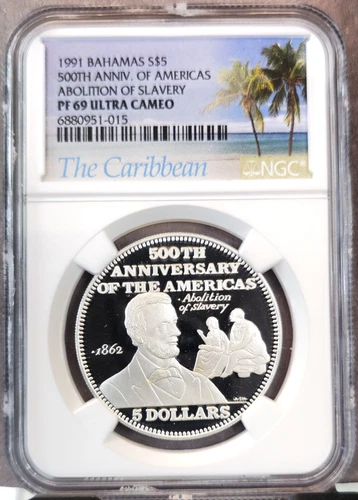 1991 BAHAMAS SILVER 5 DOLLARS ABRAHAM LINCOLN NGC PF 69 ULTRA CAMEO SCARCE COIN