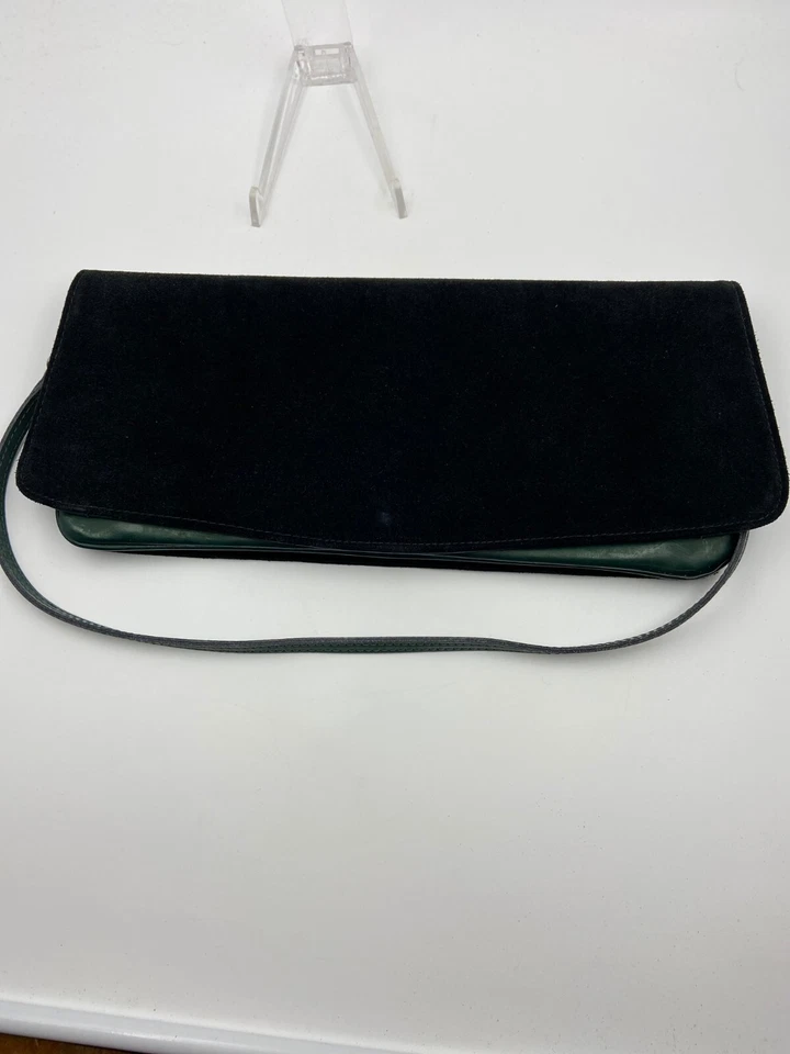 Ladies' leather and suede baguette handbag | Women's Vintage 1980s black bag - Imagem 2 de 4