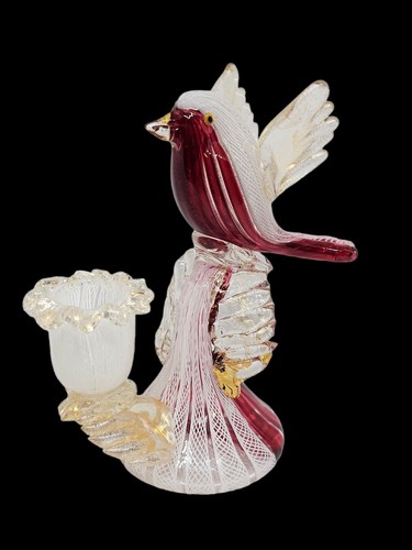 Venetian Murano Glass Bird Cranberry Lace Pattern Gold Specks Candle Holder 5" - Picture 3 of 13