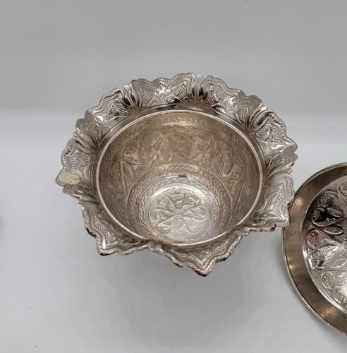 Islamic/Turkish Bowl With Lid Dish- Sena, Silver Plated Sugar Bowl-Embossed-6" - Picture 5 of 9