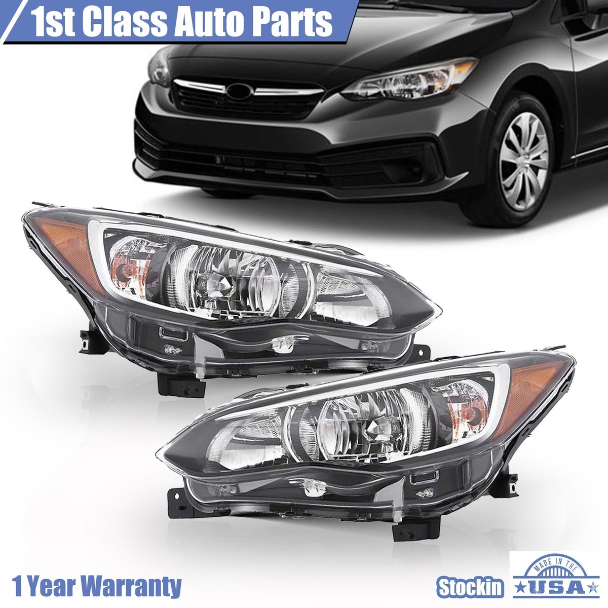 Left & Right Halogen Headlights For 2017-2022 Subaru Impreza - Black Housing, DOT/SAE Certified