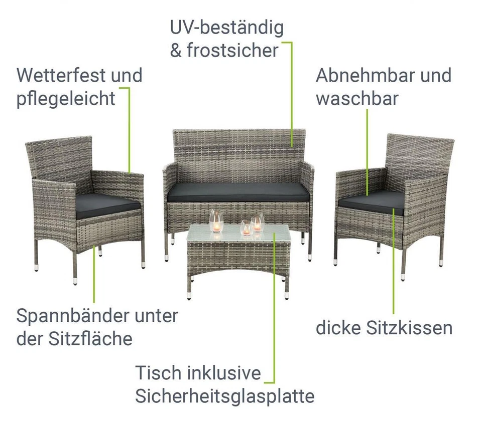 Rattan Gartenmöbel Rattanset Sitzgarnitur Set 4 Personen Terrasse Balkon Garten - Bild 3 von 4