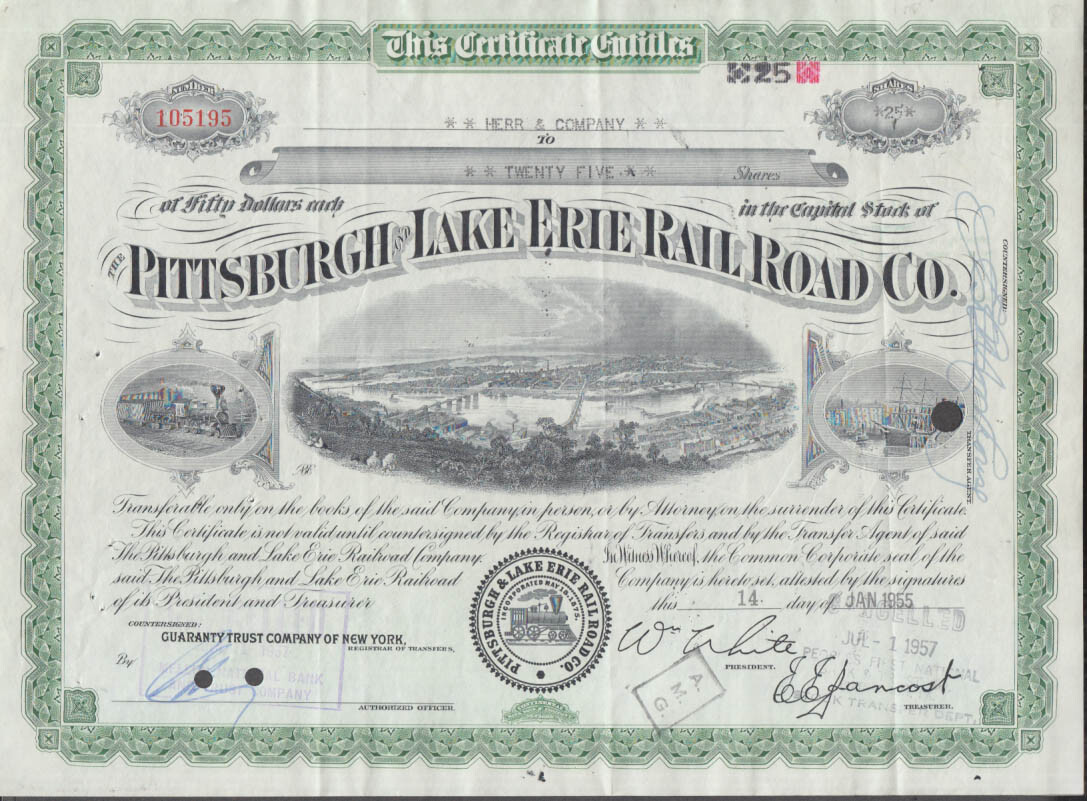 1955 Pittsburgh & Lake Erie Railroad RR 25-share vintage stock certificate