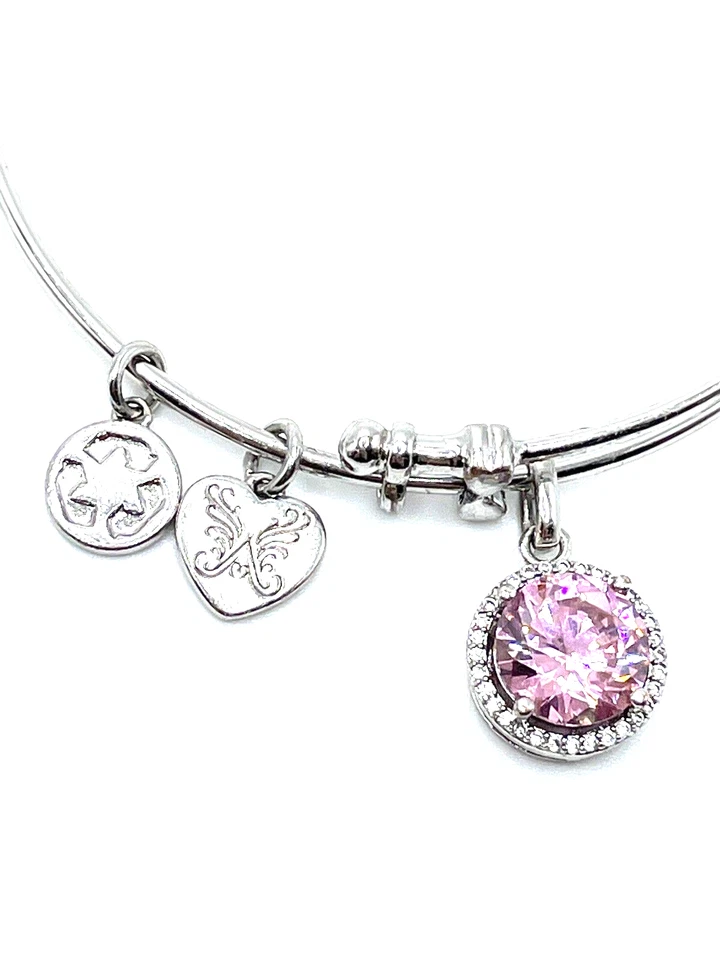 Angelica Silver Brass Dazzling Rose Pink Halo Dangle Charm Bangle Bracelet VTG - Image 2 of 4