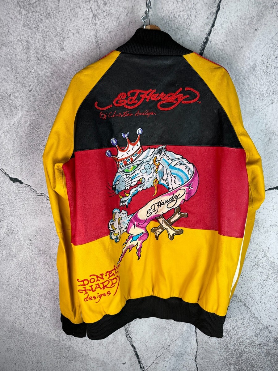 ED HARDY by Christian Audigier Germany Flag Leather Jacket Size XL