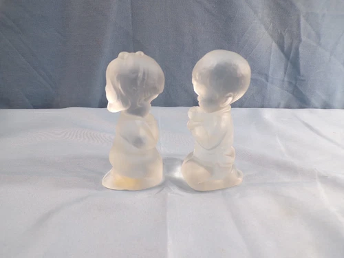 Pair Set of Fenton Crystal Velvet Clear Satin Glass Boy & Girl Praying Figurines