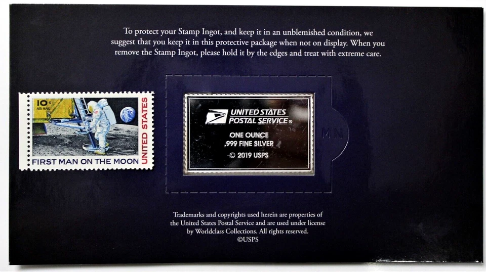 USPS Air & Space Collection First Man on the Moon 2019 1 oz barra/sello de plata .999 Foto 2 de 2
