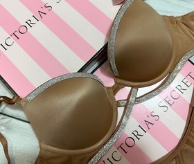 Victoria's Secret Shine Cradle Very Sexy Push Up Bra Thong Set Toffee Beige