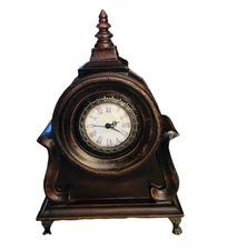 Brown Wood Quartz Mantel Clock Metal Face Footed  15”x 9” Decor Works Latch Back