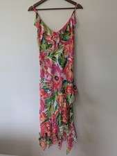 Y2K Bandolino Tropical Maxi Slip Dress Sz 6 Floral Asymmetric Colorful Hanky Hem