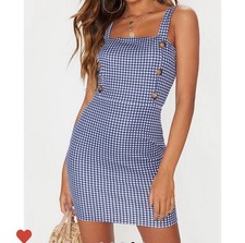 Pretty Little Thing (PLT) Gingham Pinafore Dress Blue White Checks Size 6