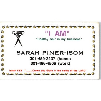 I Am Sarah Piner-Isom Frederick MD Vintage Business Card STB7-BC10