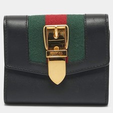 Gucci Sylvie Black Leather and Web Canvas Trifold Wallet