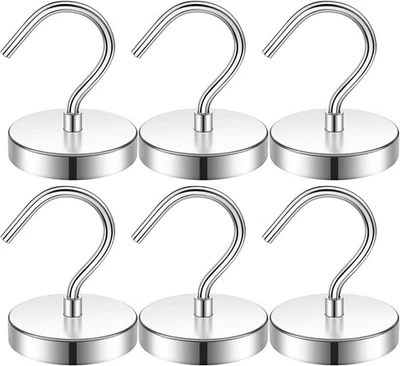 JUNARTER 6 Pack Metal Magnetic Hooks,100lb+ Strong 6Pack 100lbs+, Silver