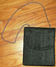 VINTAGE BLACK VELVET SHOULDER EVENING BAG PURSE CHAIN HANDLE SATIN LINED 60s 70s