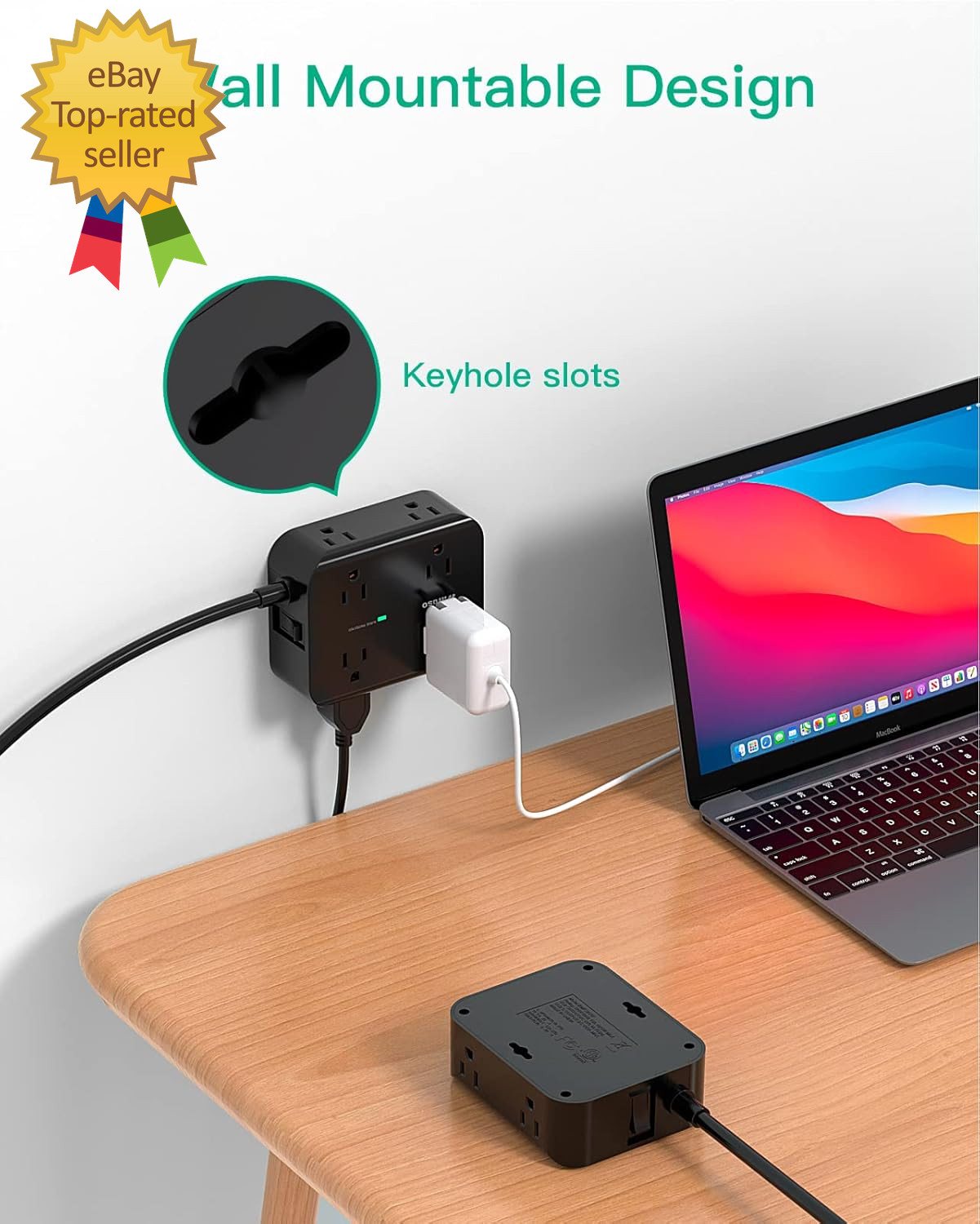 Power Strip Surge Protector -Flat Plug Wall Mount 8 Wide Outlets with 4 USB Port