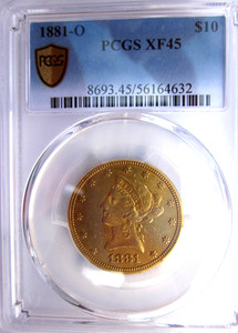1881-O LIBERTY GOLD EAGLE $10 DOLLAR NEW ORLEANS MINT PCGS XF45 RARE EARLY DATE