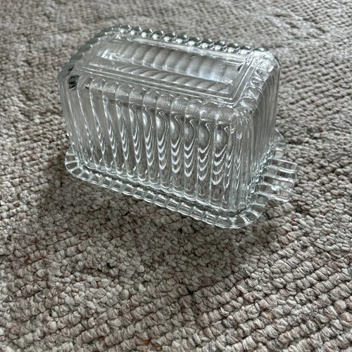 Vintage Anchor Hocking One Pound Ribbed Glass Covered Butter Dish Pressed Bevel