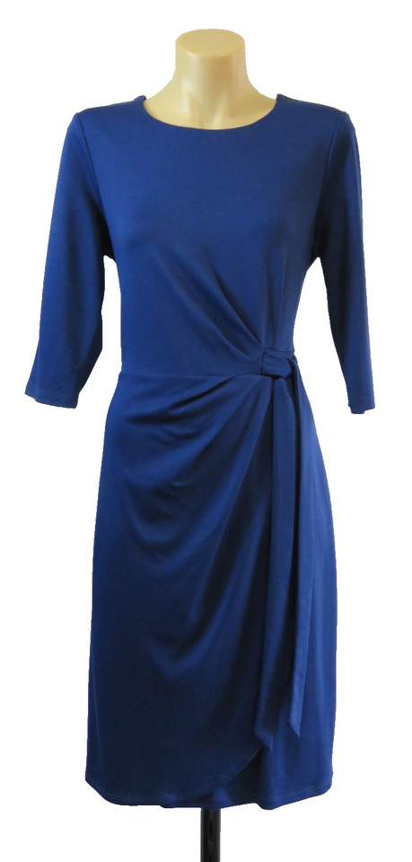 Womens Size XS 8 Blue Dress Midi Stretch Knit Knot Pleated Work Office event