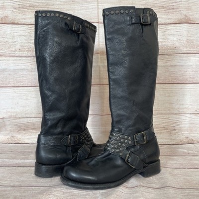 Frye Phillip Studded Knee High Black Leather Boots Sz 10 US