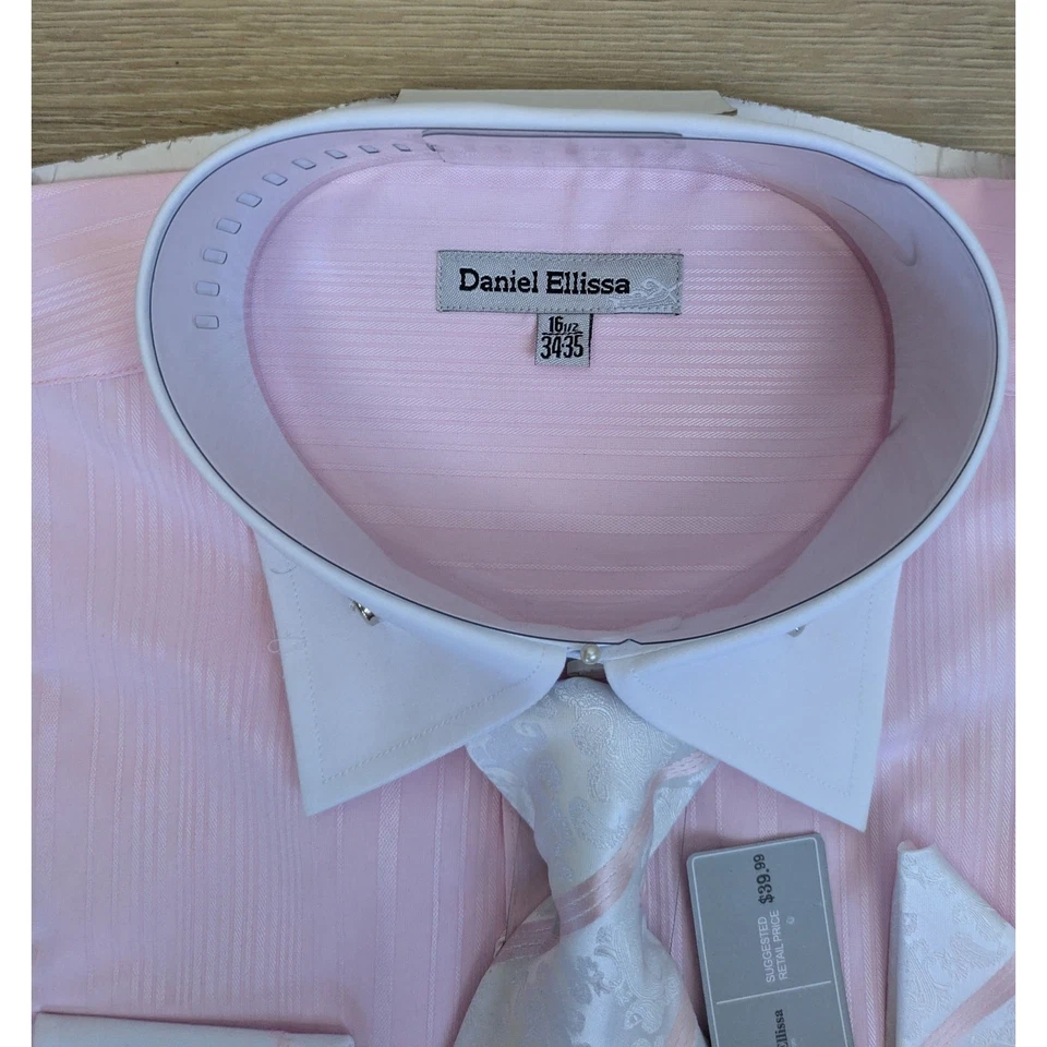 Conjunto de camisa de vestir y corbata Daniel Ellissa grande 16,5 rosa blanco puño francés tachuelas  Foto 4 de 4