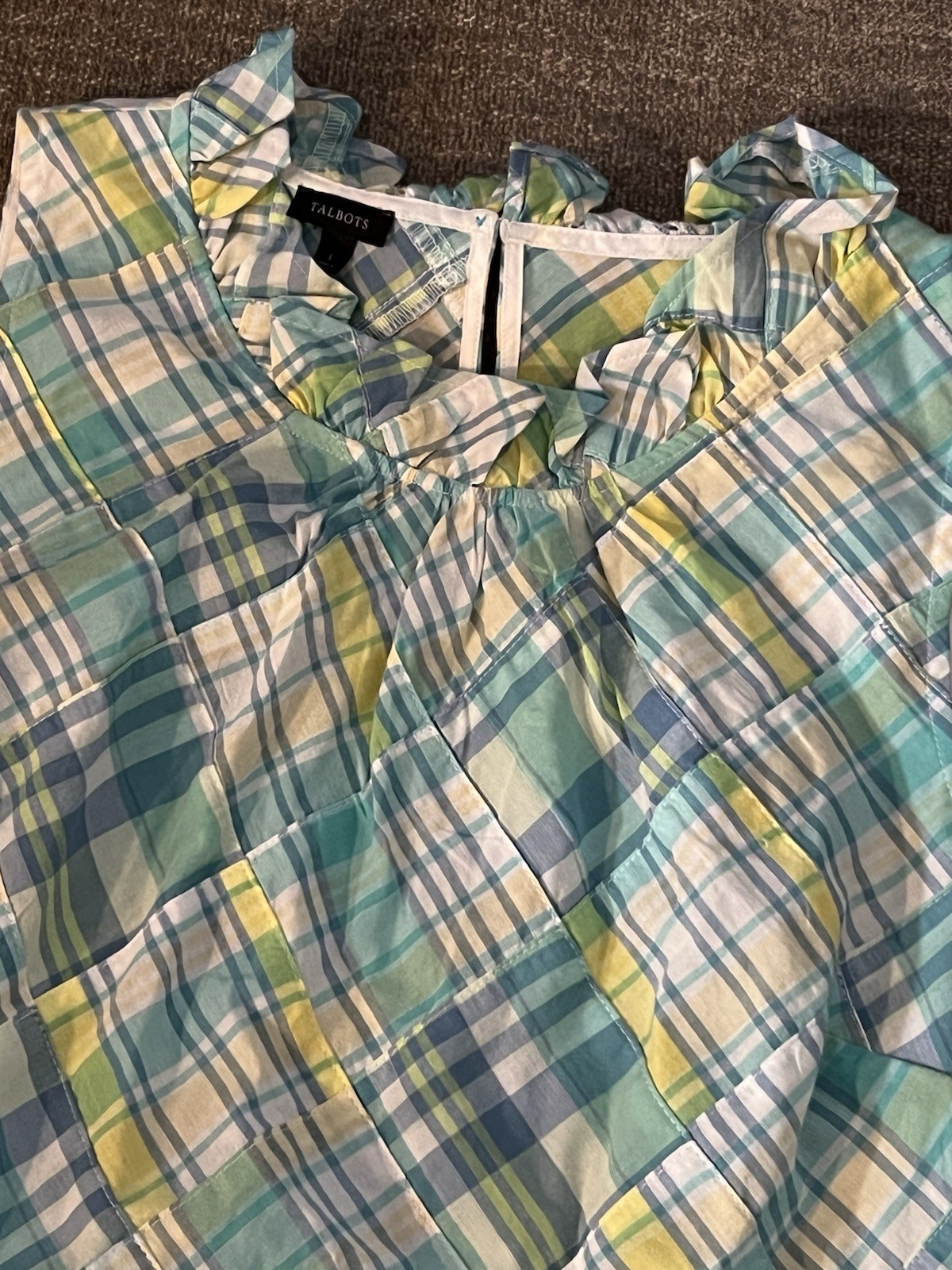 Talbots sleeveless patchwork madras ruffle neck c… - image 3