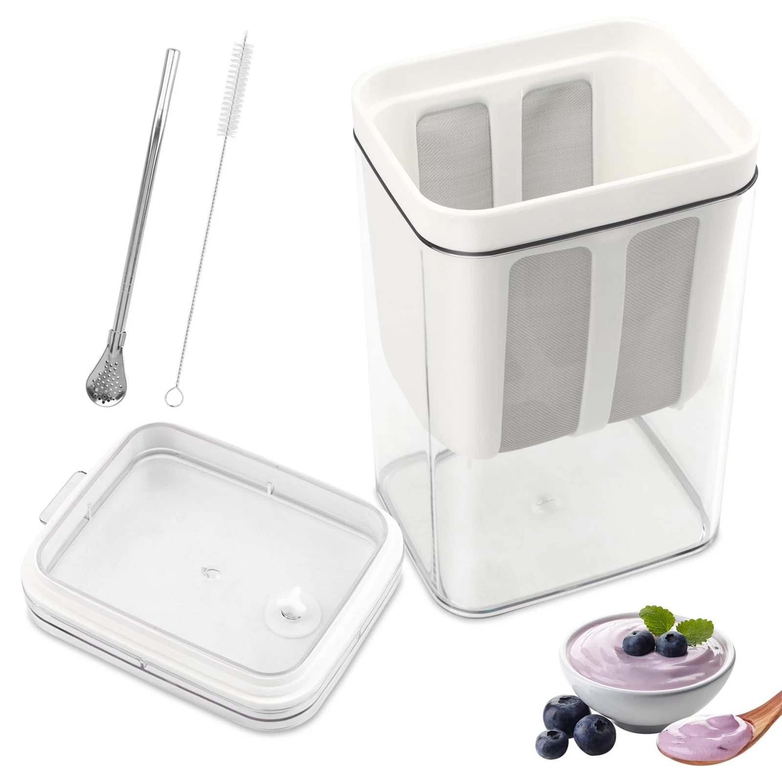 1100ml Greek Yogurt Strainer with Straw Spoon & Brush, Multi Yoghurt Maker St...