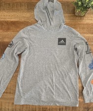 Adidas Kids Hooded Long Sleeve Shirt Gray Graphic Logo Hoodie Youth Large Athlet