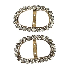 Antique White Rhinestone Shoe Buckles Curved Oval Foil Back Buckle Set 1910s 20s
