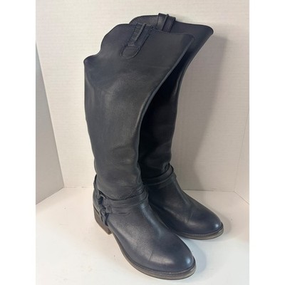Womens Black Leather Tall Harness Riding Boots Stacked Block Heel Knee High 9 M