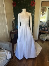 Strapless White Embroidered Beaded A-Line Wedding Dress with Train  Buttons