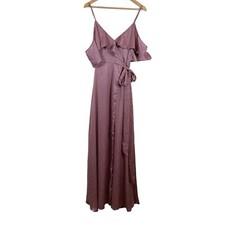 Lulu's Dress Moriah Rose Pink Satin Wrap Maxi Dress Cold Shoulder Size Small