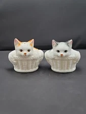 Pair Of White Kittens In Basket Porcelain Salt And Pepper Shakers By Ron Gordon