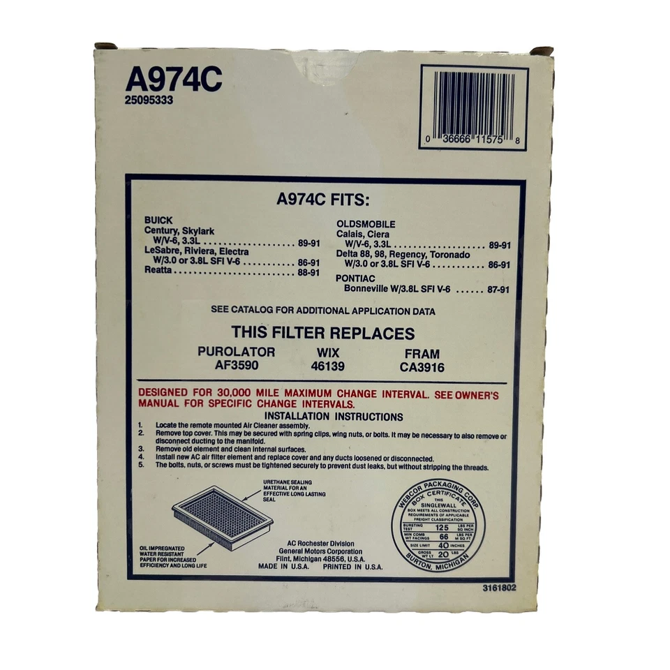 Filtro de aire AC Delco A974C 25095333 Buick Oldsmobile 86-88 Nuevo de Lote Antiguo Foto 2 de 4
