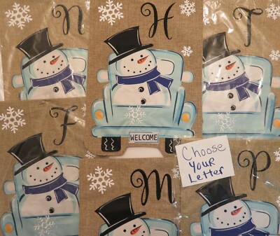 Winter Letter Garden flag Monogram CHOOSE Initial Burlap Snowman Blue Truck