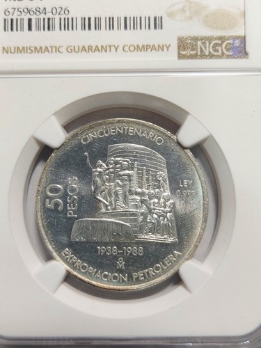 Mexico 50 Pesos Silver 50th anniv. of National Oil Industry, 1988, NGC MS 64 - Picture 2 of 3