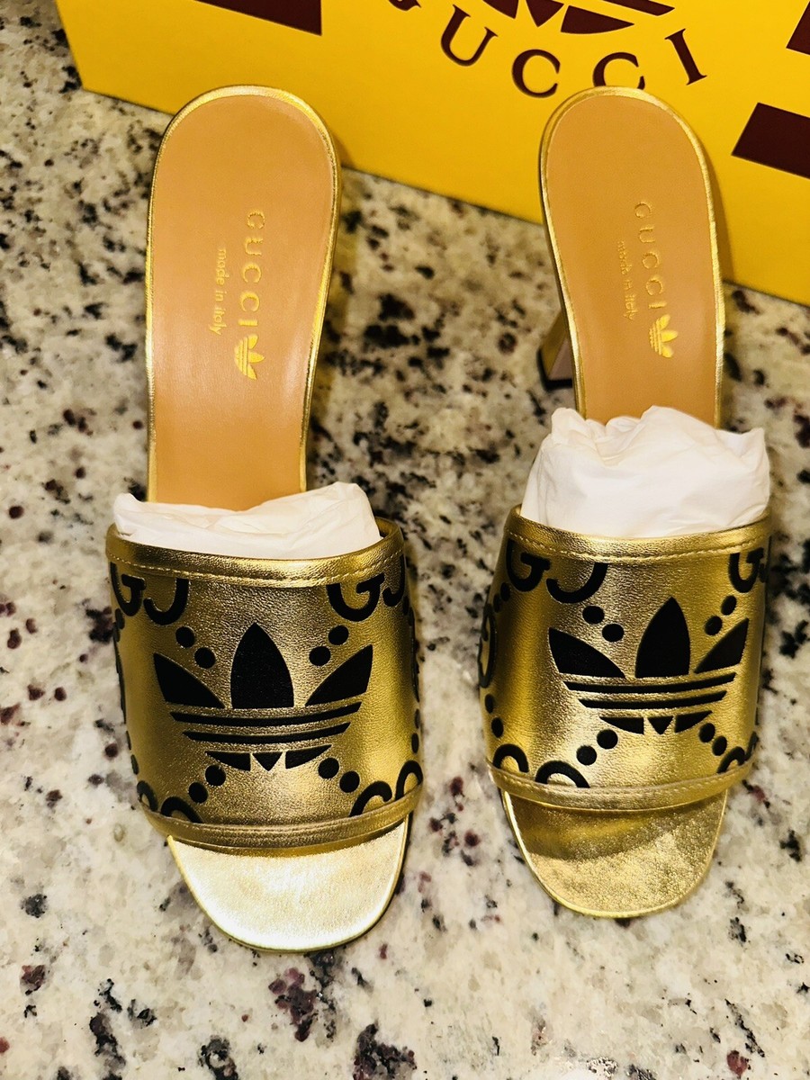 GUCCI ✖️adidasゴールド ブラック サンダル NIB Gucci x Adidas gold/black Heels US 7.5 | eBay