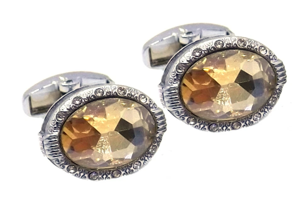 Abotoaduras masculinas estilo vintage ovais cristal champanhe em uma caixa de presente personalizada - Imagem 2 de 4