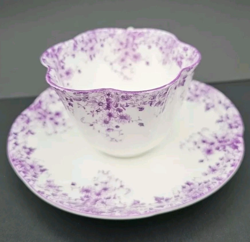 Антикварная чайная чашка и блюдце Shelley — «Изящная розовато-лиловая» — тонкий костяной фарфор - Изображение 4 из 4