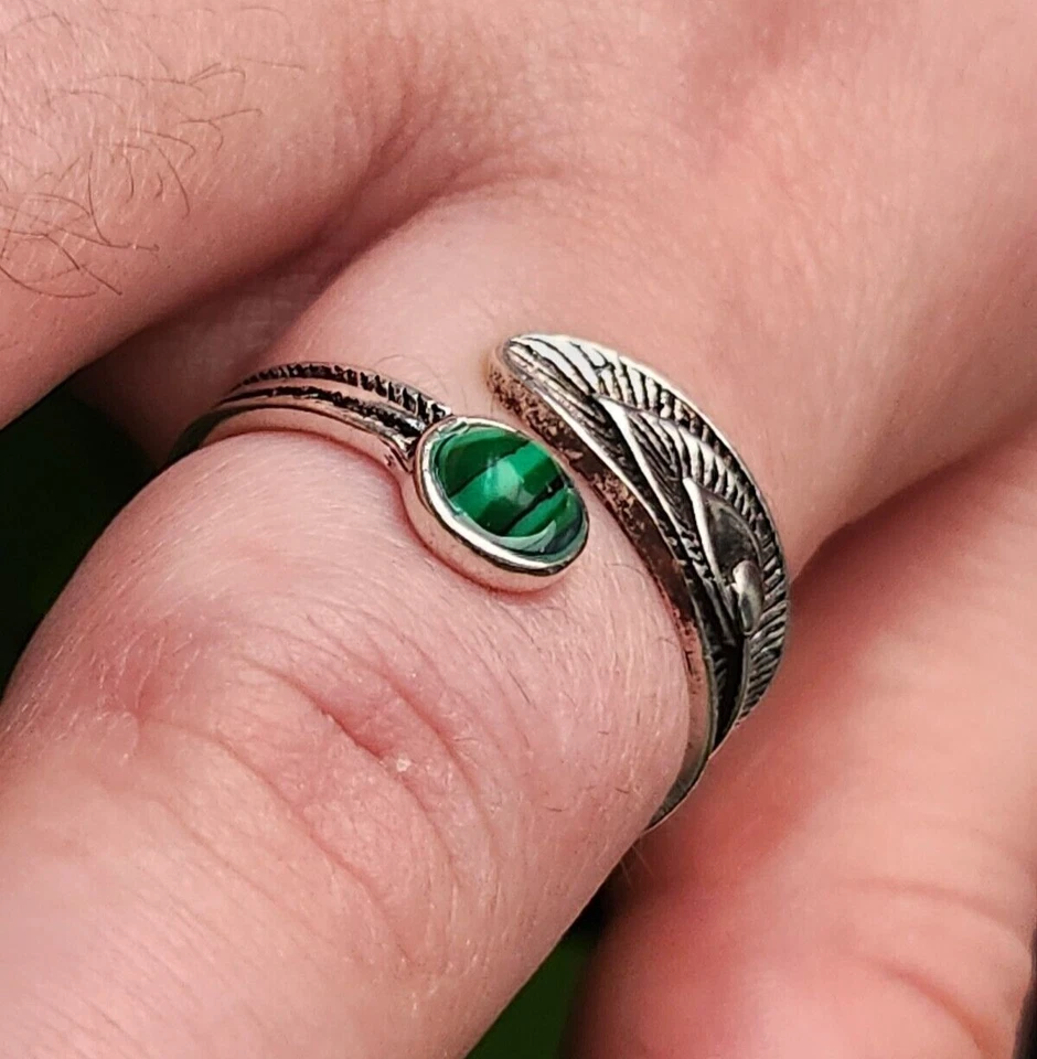 Павлин кольцо перо малахит олова плюмаж кольцо регулируемый этнический кольцо драгоценный камень - Изображение 3 из 4