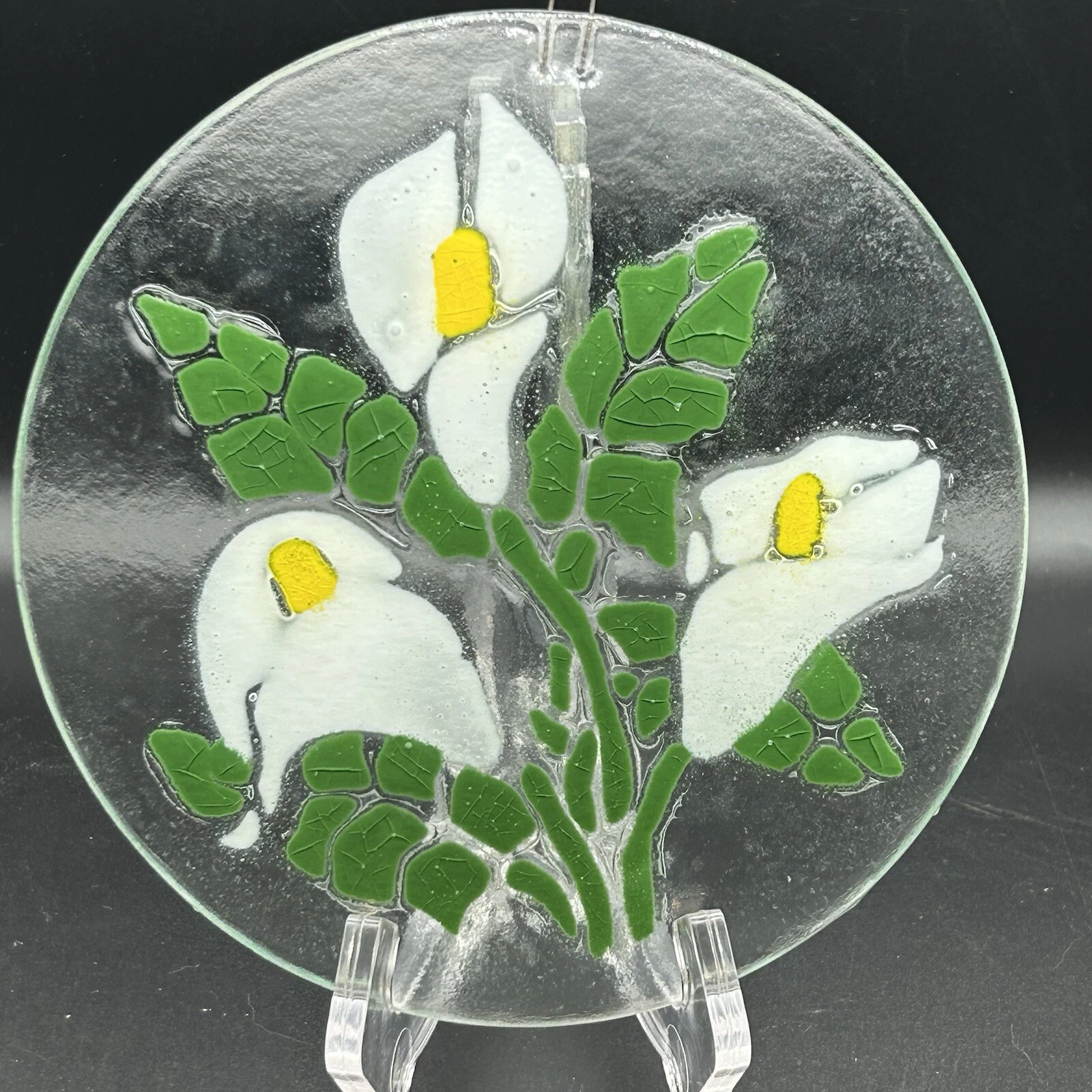 Art Glass Fused Glass Round 7” Calla Lily Flower Floral Wall Window Sun Catcher
