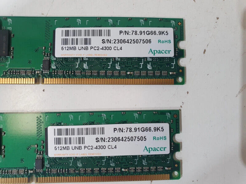 Apacer 78.91G66.9K5 240-Pin DDR2 RAM DIMM Memory Module PC2-4300 CL4 - Lot of 2 - Image 3 of 4