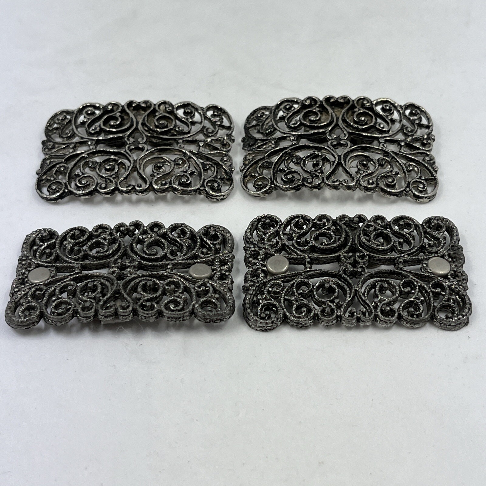 Vintage Silver Tone Ornate Shoe Clips Buckle Metal Pair Rectangle Set Of 2