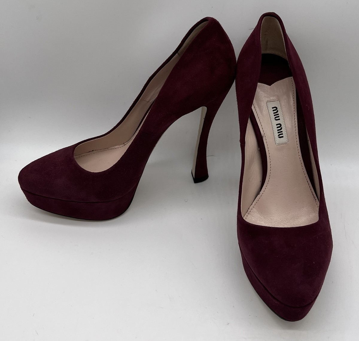 Miu Miu Burgundy Suede Closed Toe Platform Spool Heel Pump sz 38.5