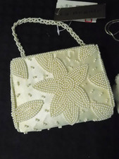 New White Evening Handbag Beaded  Satin Lined